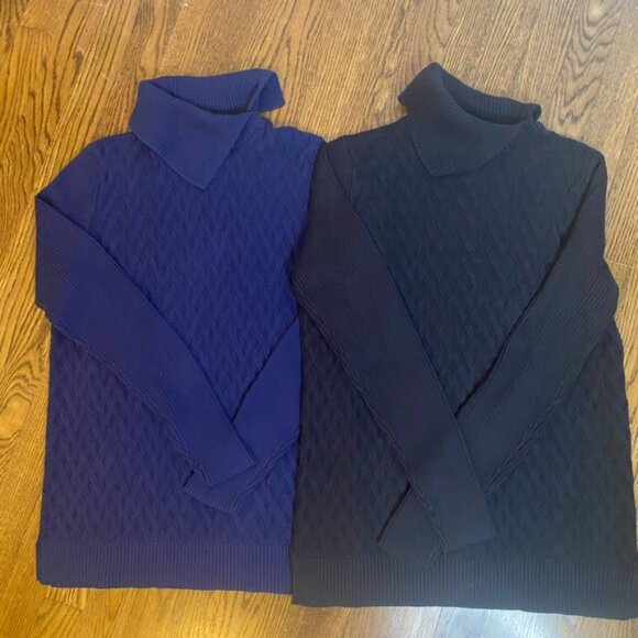 (2) Lands End cable knit sweaters split cowl neck black & navy M Tall - Picture 2 of 8